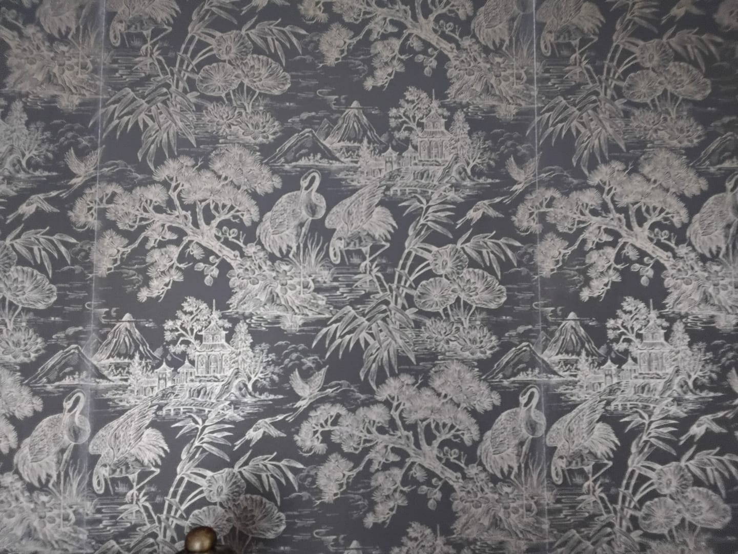 Customer photo review of Natoru Japanese Metallic Cranes Wallpaper – Charcoal/Gold