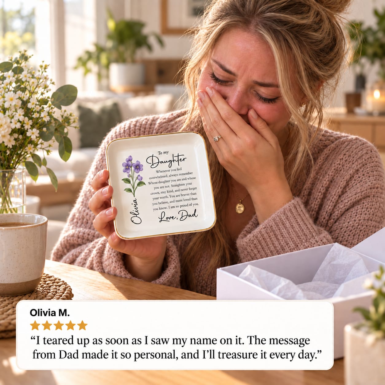 Customer photo review of To My Daughter Personalized Birth Flower Jewelry Dish – Custom Name Gift from Dad