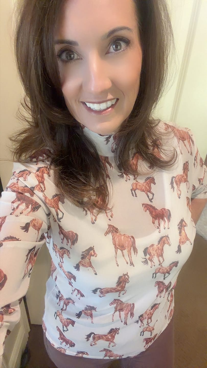 Customer photo review of Long Sleeve Horse Print Mesh Top With Mock Neckline