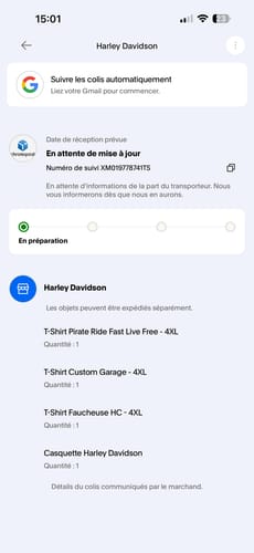 Customer's order status page on a mobile screen for the T-Shirt Pirate Ride Fast Live Free, showing as in preparation.