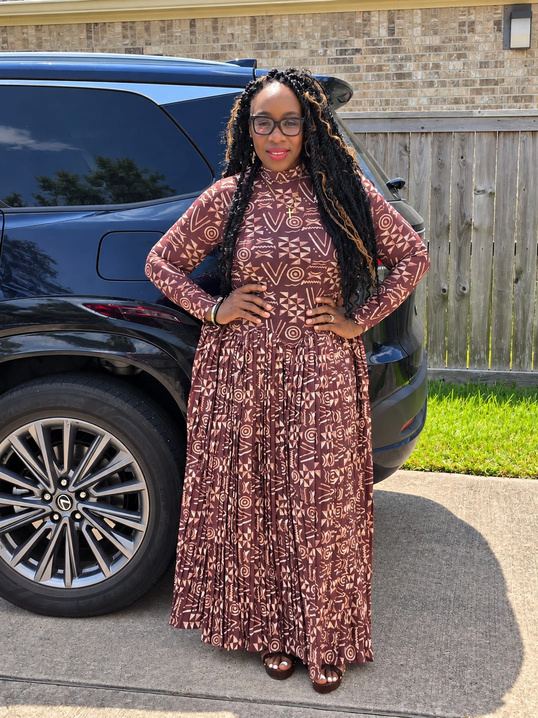Customer photo review of The Evara Pleated Dress Brown