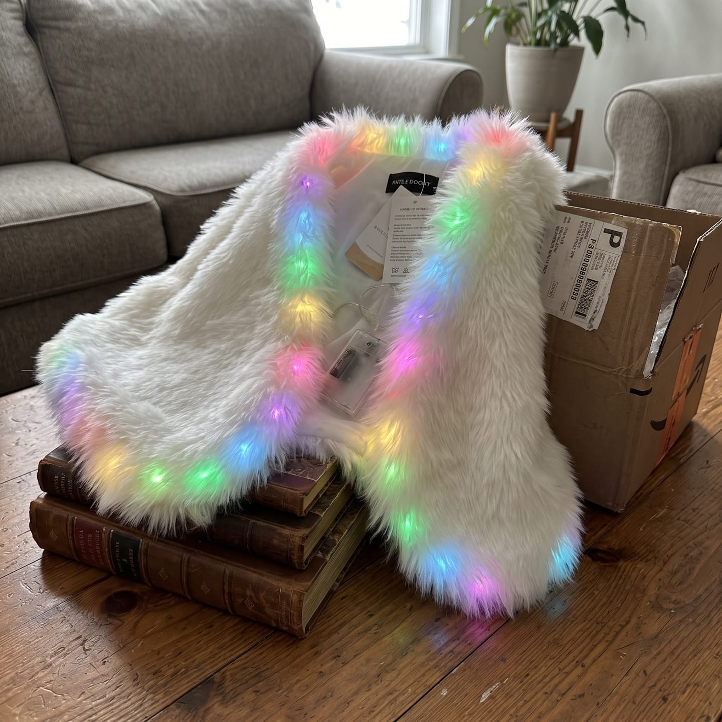 Customer photo review of Cachecol™ LED rgb Fluffy White Faux Fur Shawl Scarf