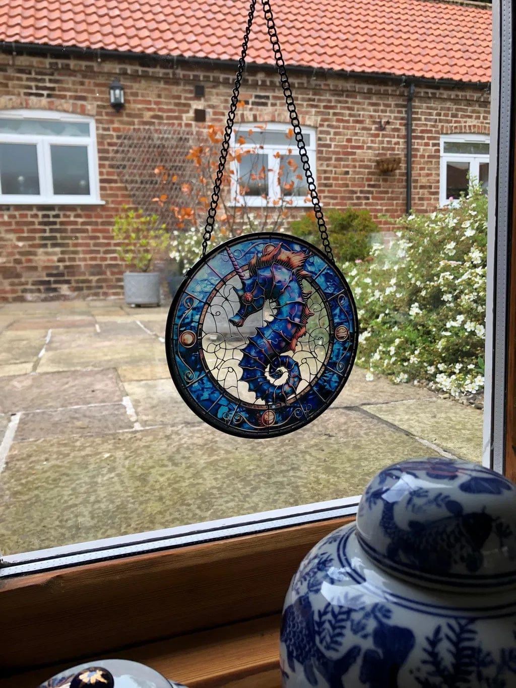Customer photo review of Stained Glass Suncatcher – Ocean Seahorse Unicorn
