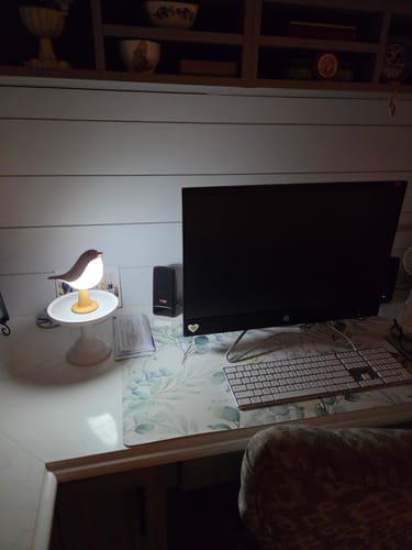 Reviewer's Glow Bird light sitting on a white display stand on a home office desk, illuminated in a dimly lit room.