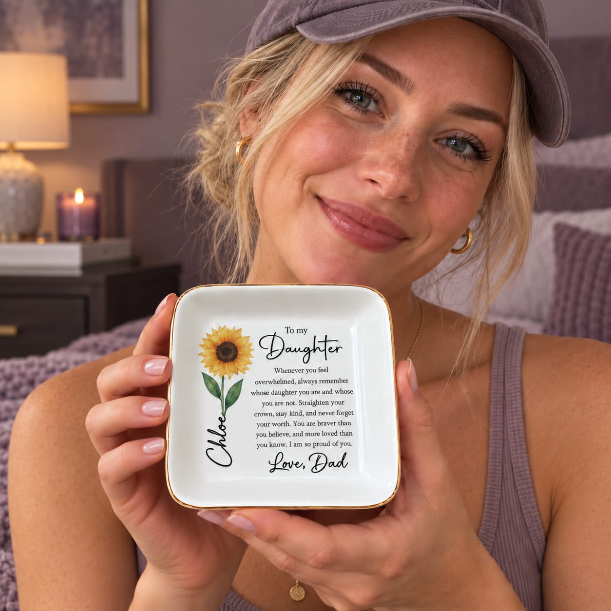 Customer photo review of To My Daughter Personalized Birth Flower Jewelry Dish – Custom Name Gift from Dad