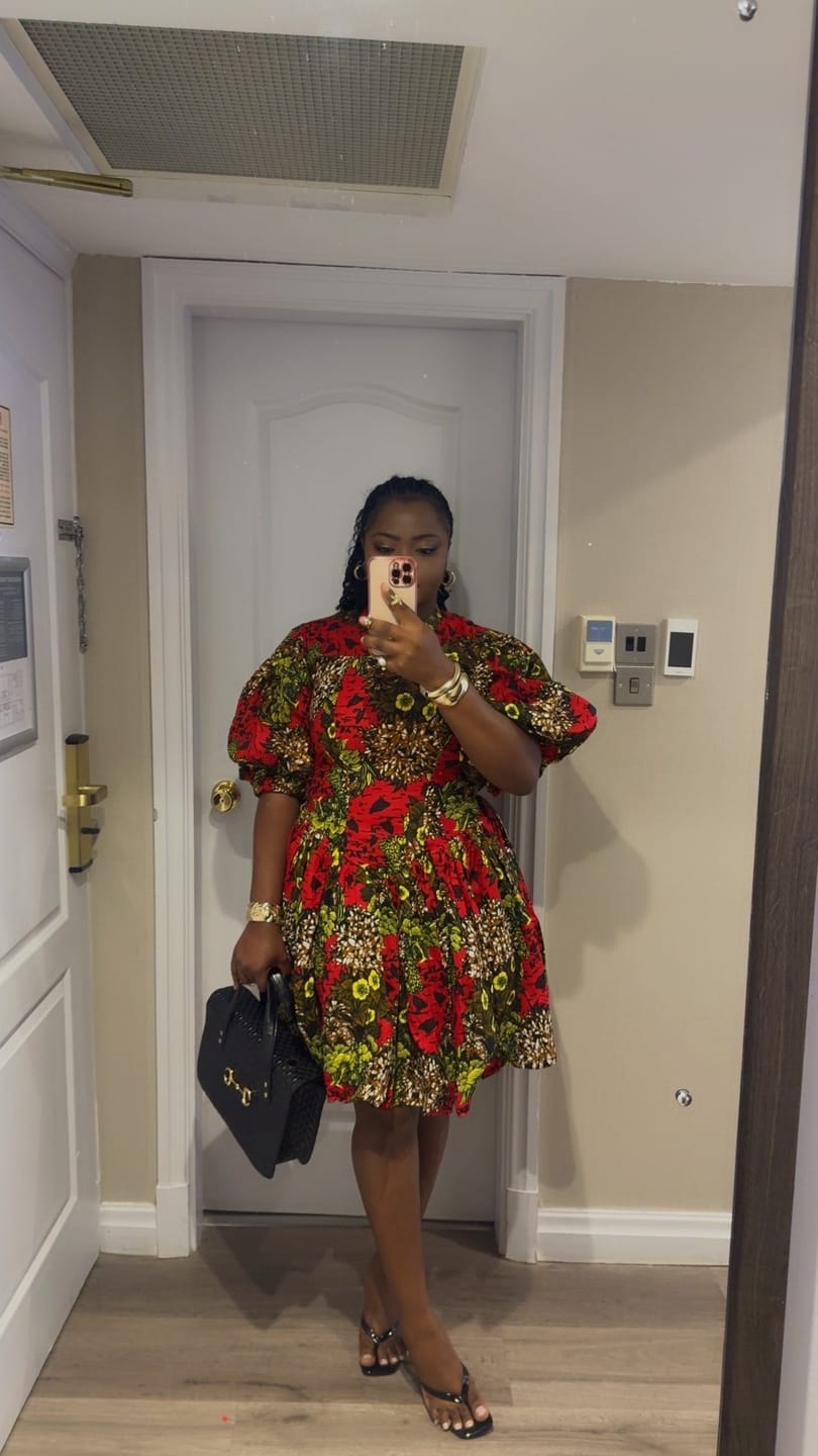 Customer photo review of Marie Ankara Short Mini Dress | Green Red and Brown African Print