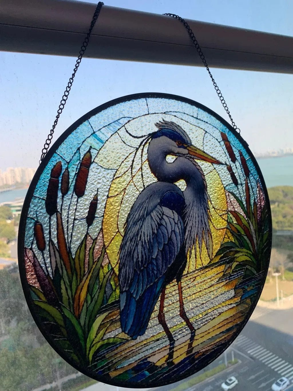 Customer photo review of Stained Glass Suncatcher – Great Blue Heron Nature