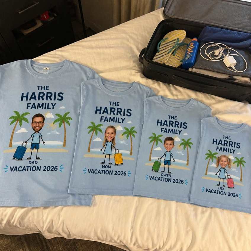 Customer photo review of Family Vacation Squad Matching T-Shirts - Custom Photo Faces & Names