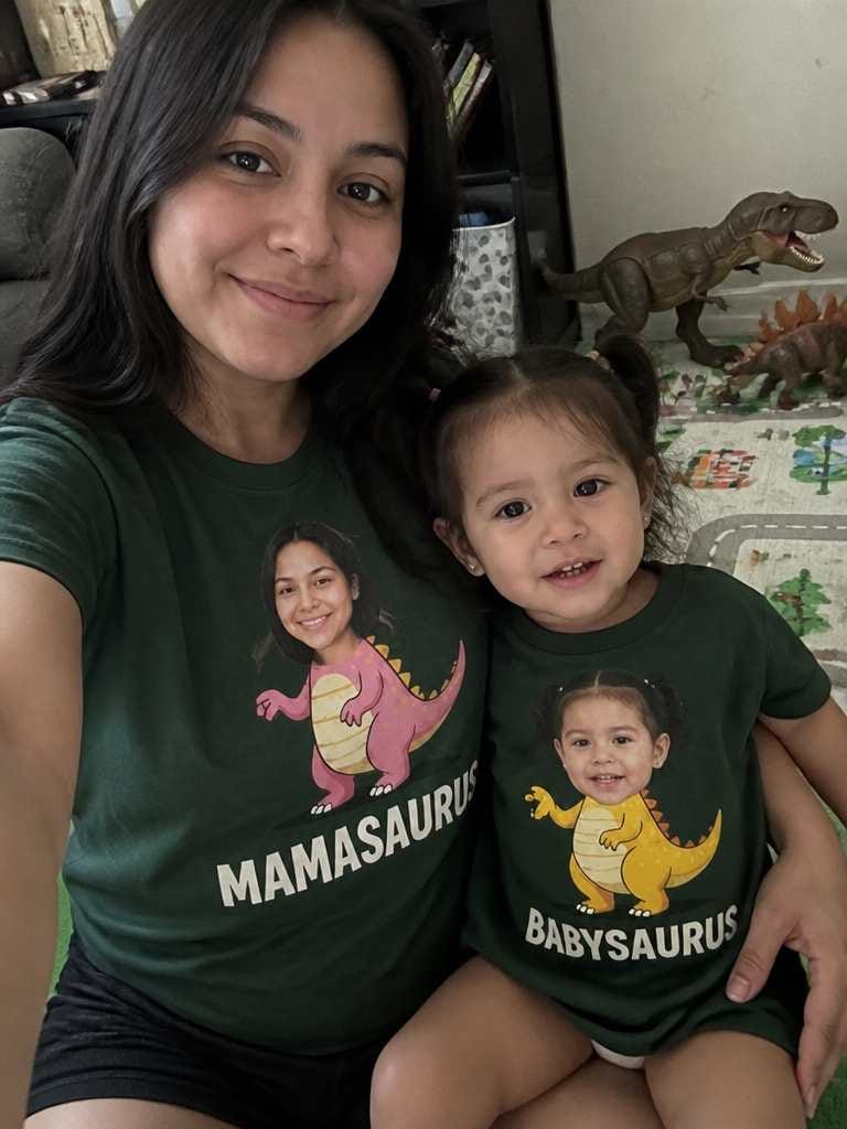 Customer photo review of Dino Family Matching T-Shirts - Custom Photo Faces & Names