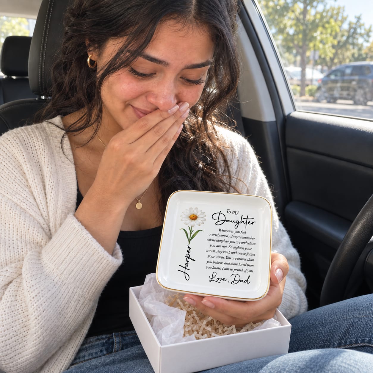 Customer photo review of To My Daughter Personalized Birth Flower Jewelry Dish – Custom Name Gift from Dad