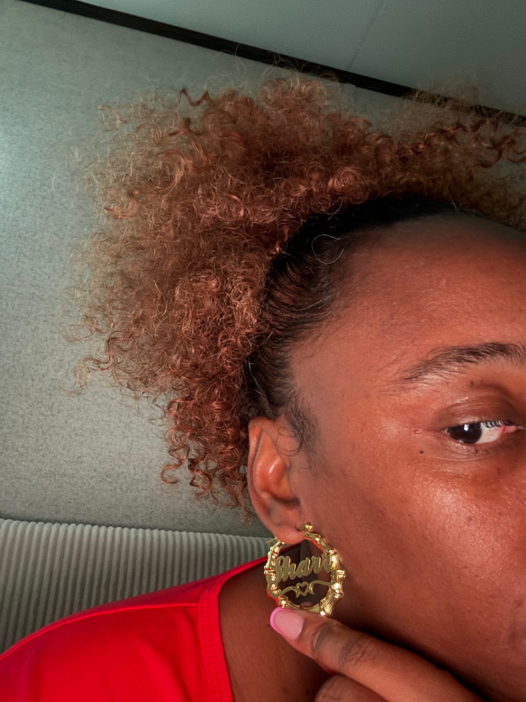 Customer photo review of Heart Outline Bamboo Name Hoop Earrings
