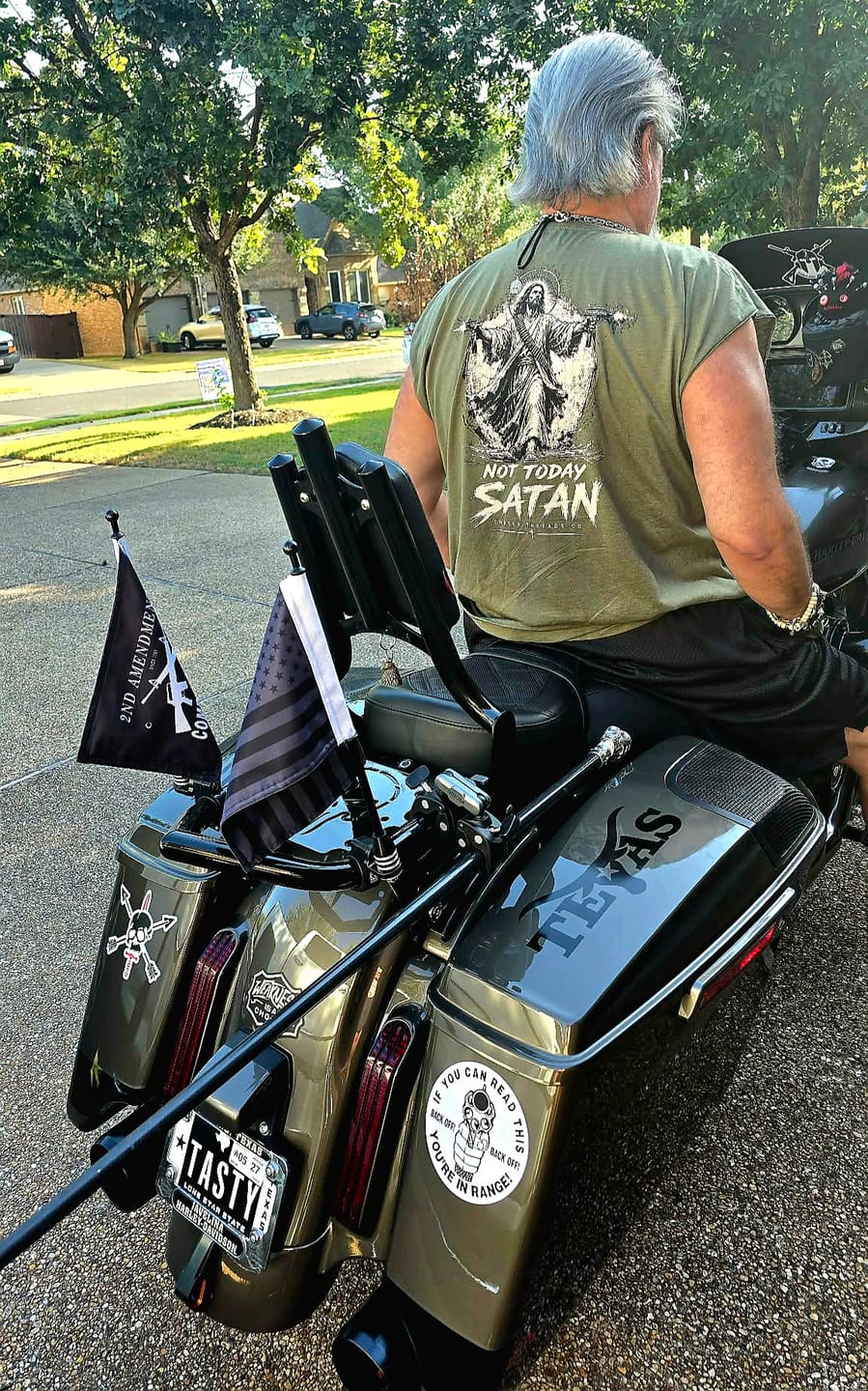 Customer photo review of Not Today Satan Uzi T-Shirt
