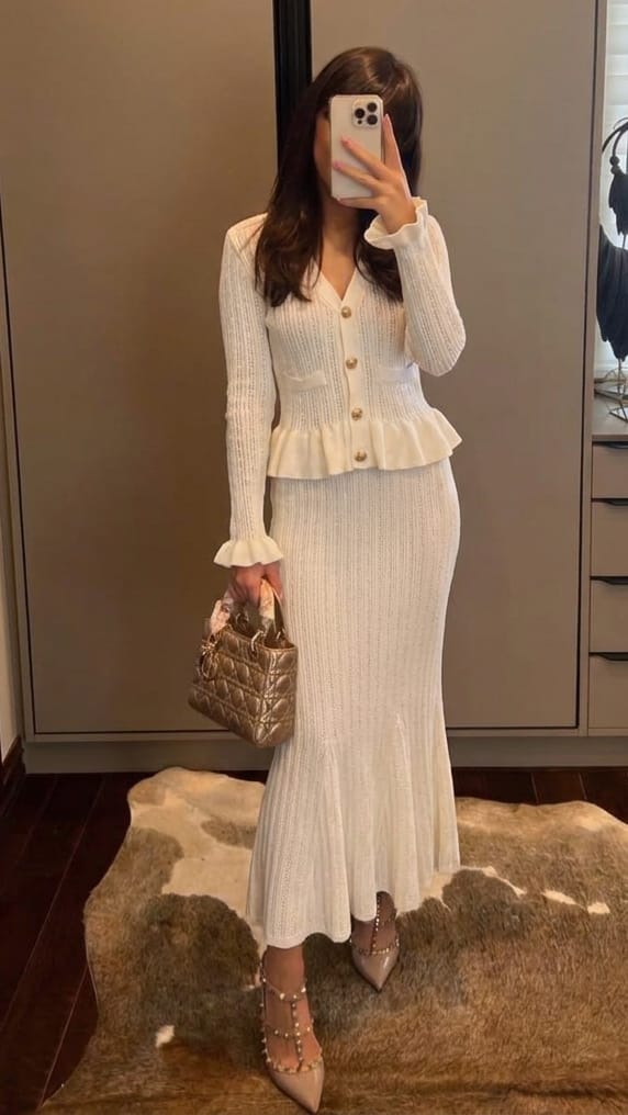 Customer photo review of White Ruffled Knit Skirt Set