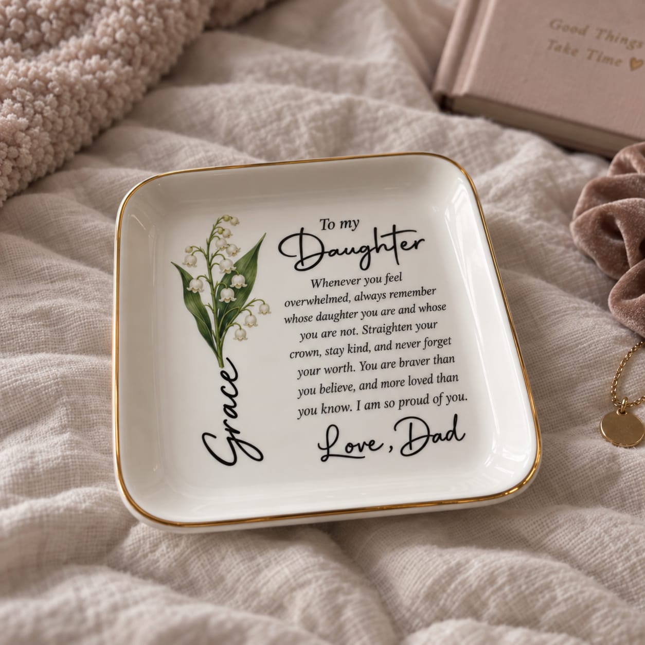 Customer photo review of To My Daughter Personalized Birth Flower Jewelry Dish – Custom Name Gift from Dad