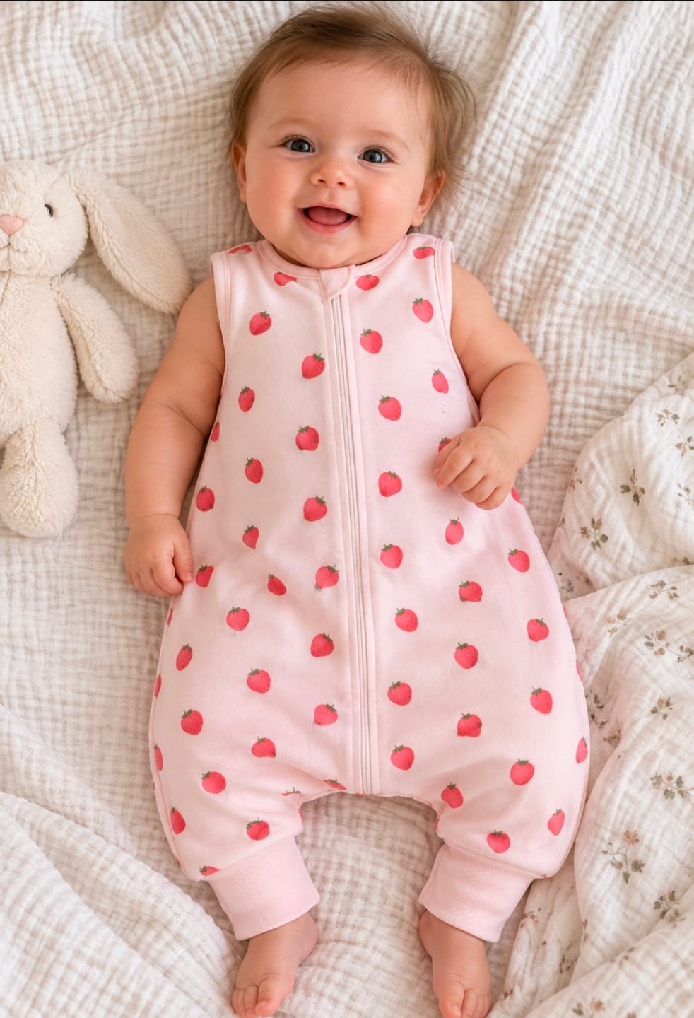 Customer photo review of 4 Season® Baby Sleep Bag with Feet, Merino Wool & Organic Cotton, Strawberry