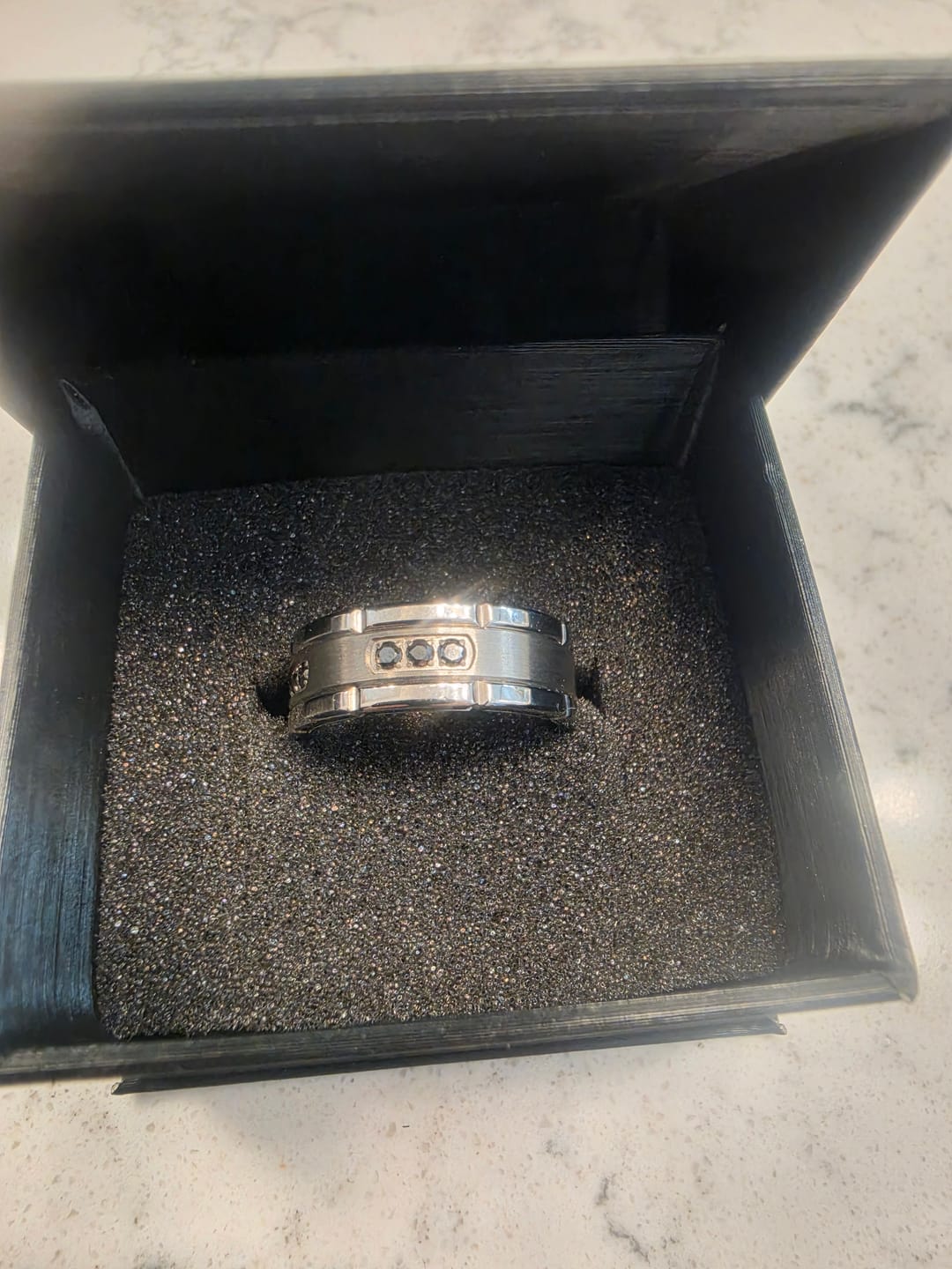 Customer photo review of COURAGEOUS | Silver Titanium Ring, Black Diamonds, Flat