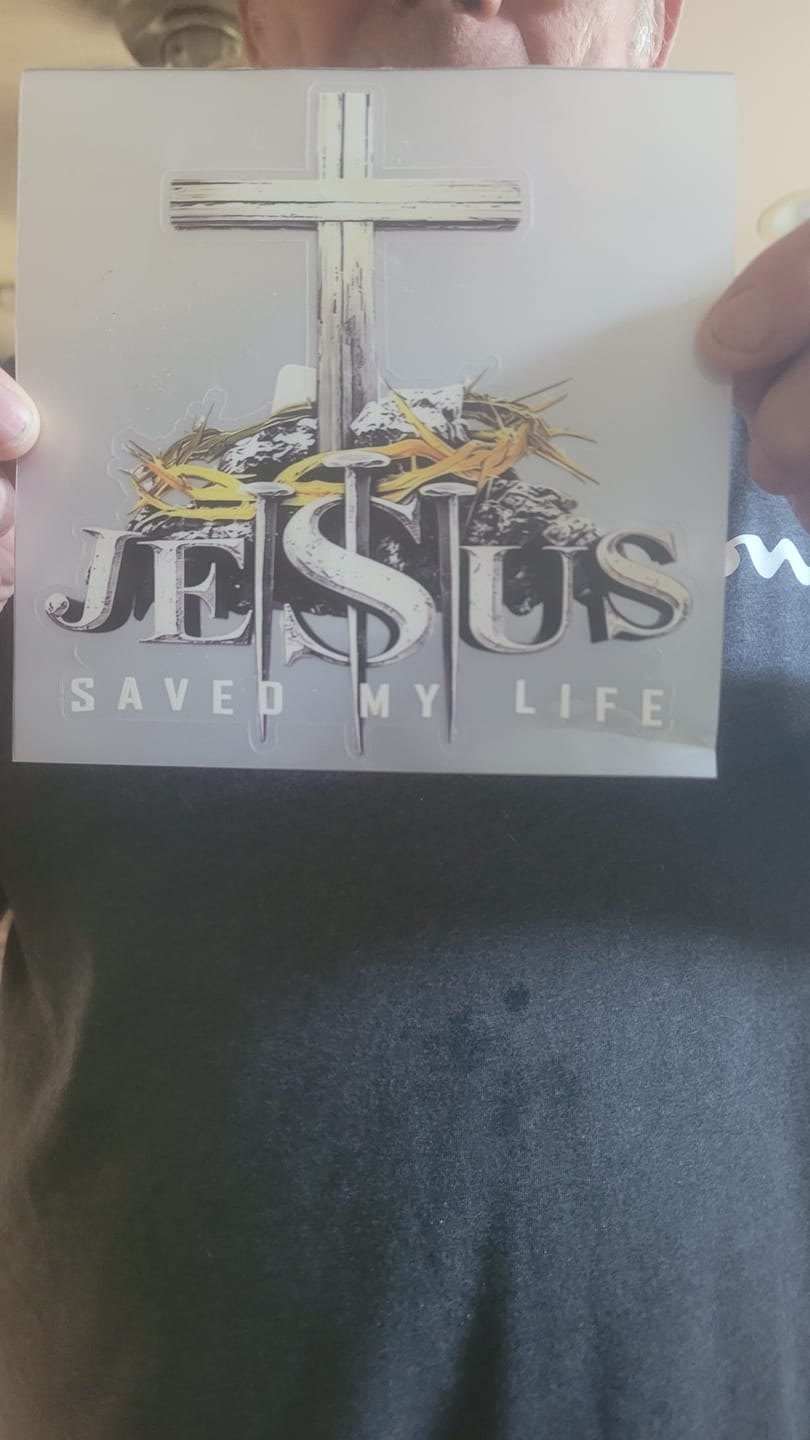 Customer photo review of Christianartworkshop Cross Crown of Thorns Nails JESUS SAVED MY LIFE Waterproof Car Sticker: A Symbol of Redemptive Sacrifice