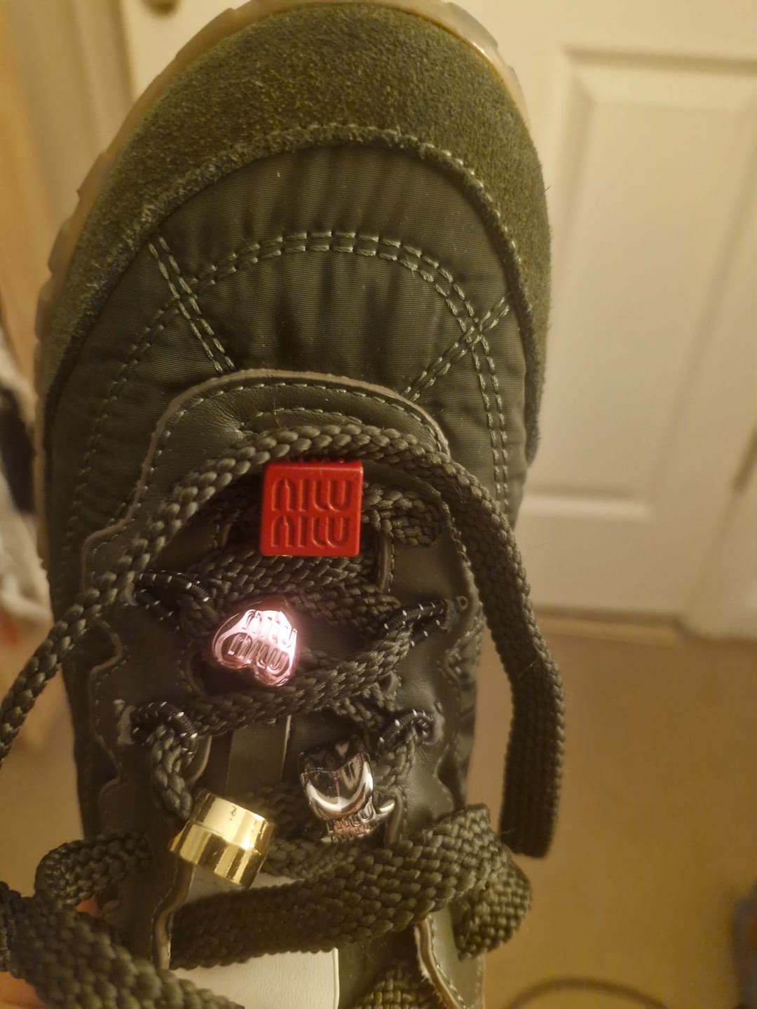 Customer photo review of Miu TYRE Sneakers with Decorative Buckle Olive Green Suede Technical Fabric 456336