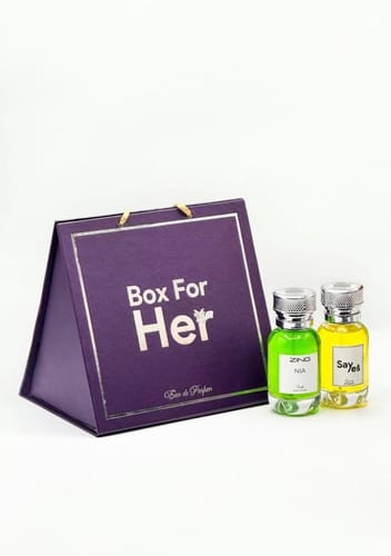 Customer's Box for Her perfume set, featuring a purple box and two small scent bottles.