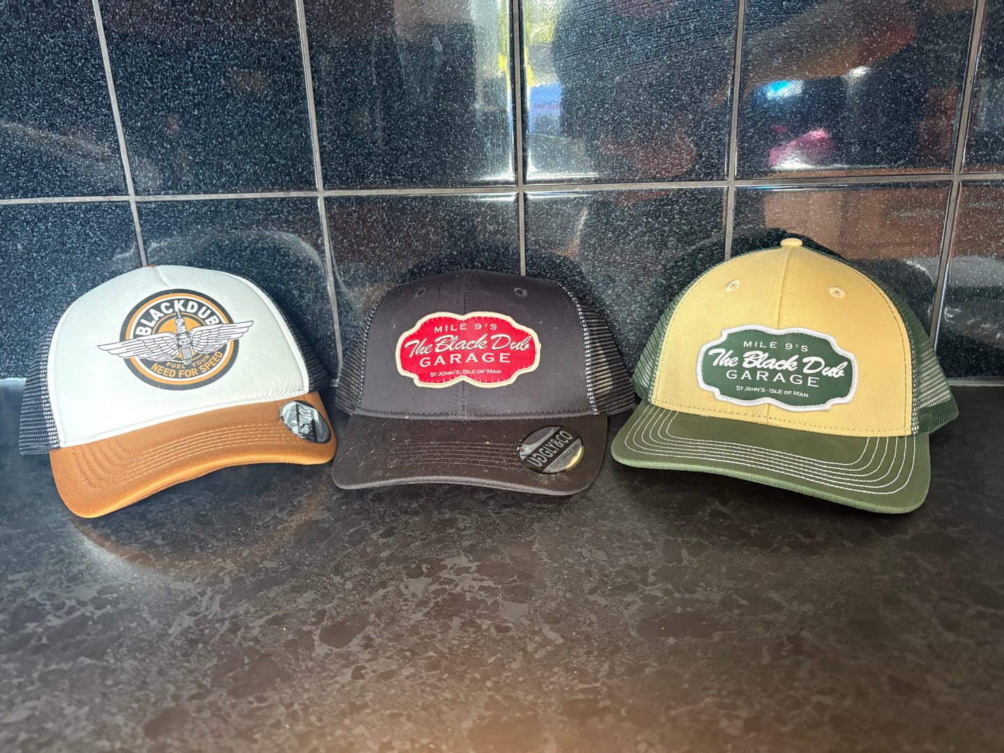 Customer photo review of Green & Beige Black Dub Garage Trucker Hat