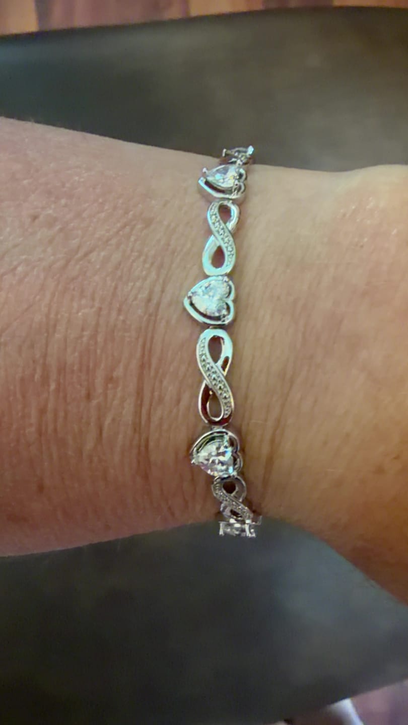 Customer photo review of Amanda 18k White Gold Plated Infinity Heart Tennis Bracelet with Simulated Diamond Crystals