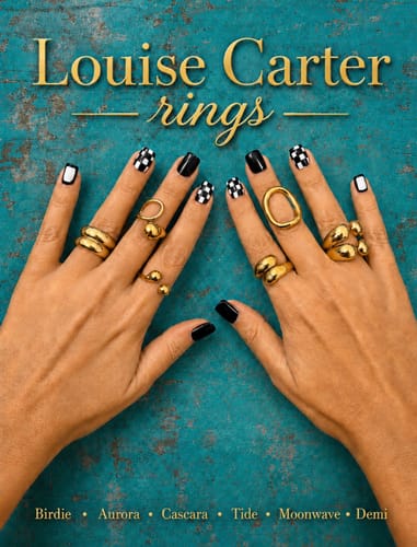 Customer's hands wearing various gold-tone Demi Rings and other styles on a teal background.