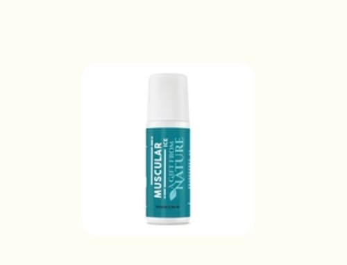 Customer's teal and white bottle of CBD Muscular Ice-Roll, standing upright against a plain background.