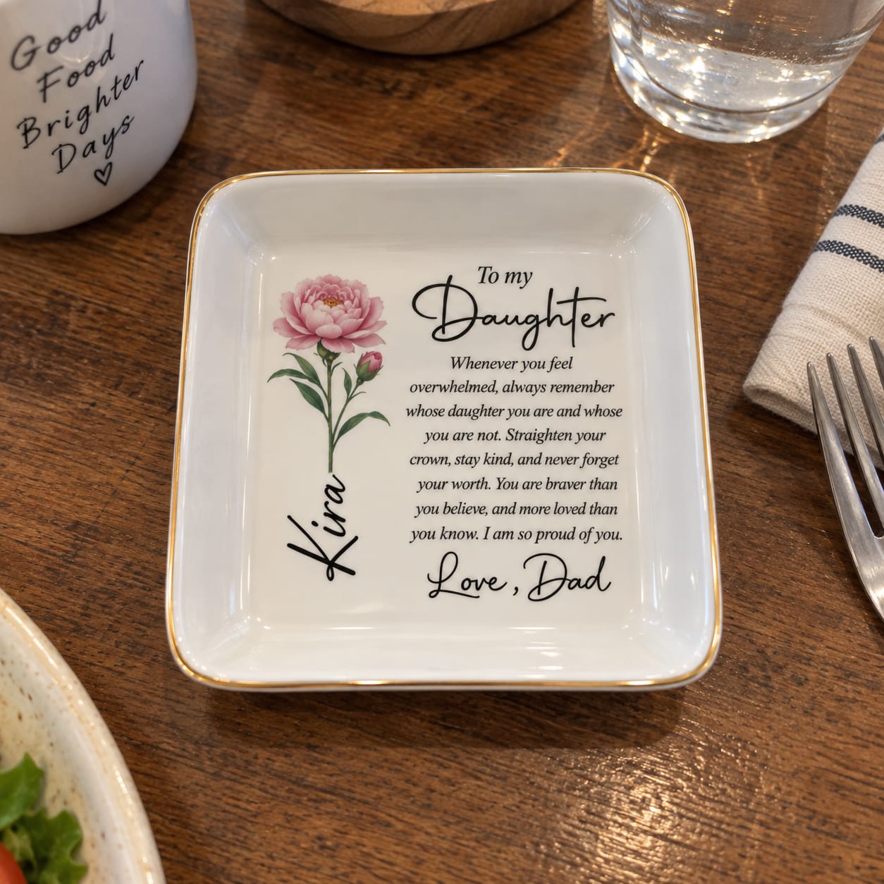 Customer photo review of To My Daughter Personalized Birth Flower Jewelry Dish – Custom Name Gift from Dad