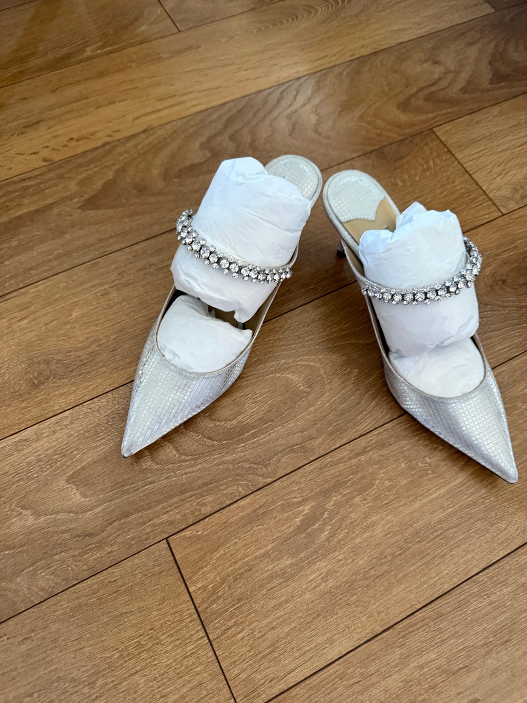 Customer photo review of Jimmy Bing 65mm In White Silver Stone Studded Cowhide Mules 593194
