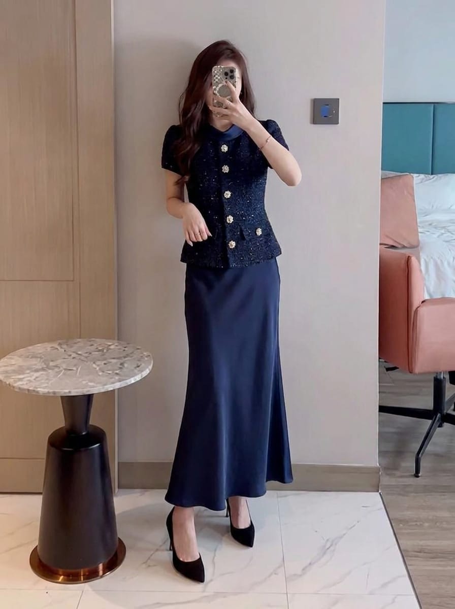 Customer photo review of Navy Blue Tweed & Satin Two-Piece Set