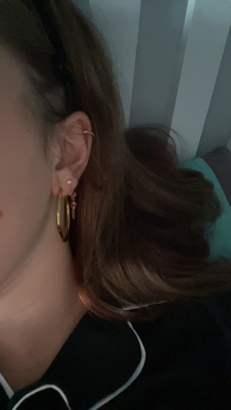 Customer photo review of Emma Gold Pink Droplet Chain Stud Earrings