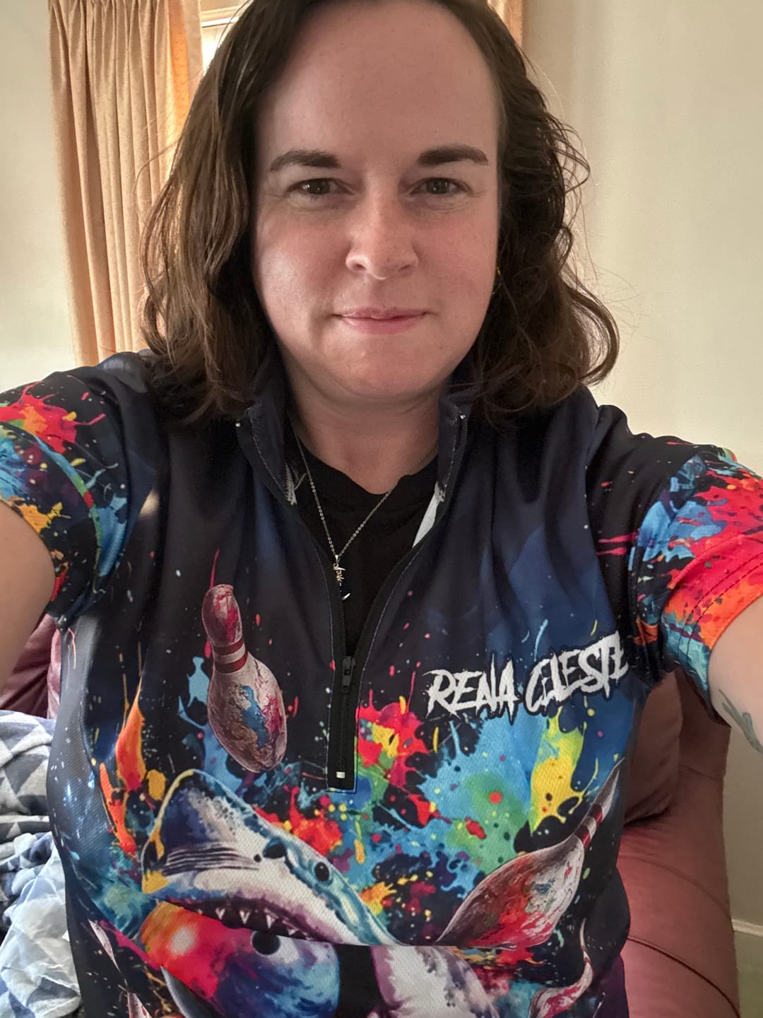 Customer photo review of Splatter Funny Shark Mens Bowling Shirt Polo & 1/4 Zip Custom Colorful Uniform Bowling Team Jersey NYN3671