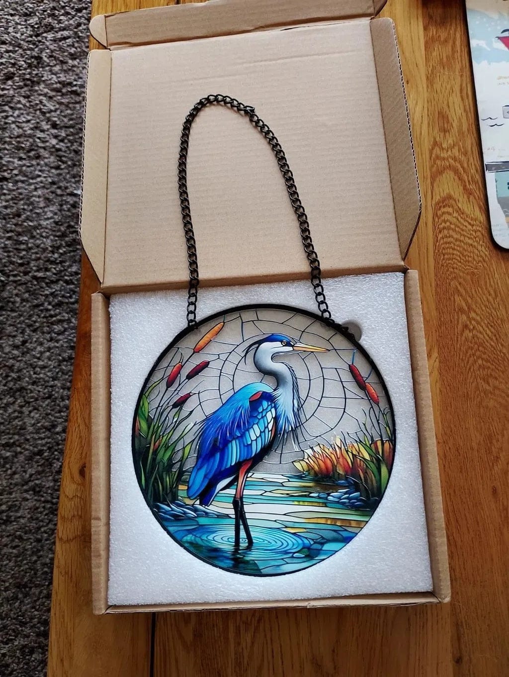 Customer photo review of Stained Glass Suncatcher – Great Blue Heron Cattail Swamp