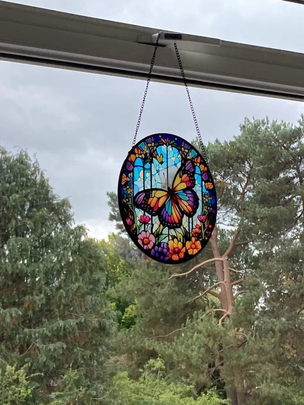Customer photo review of Stained Glass Suncatcher – Butterfly Garden Floral