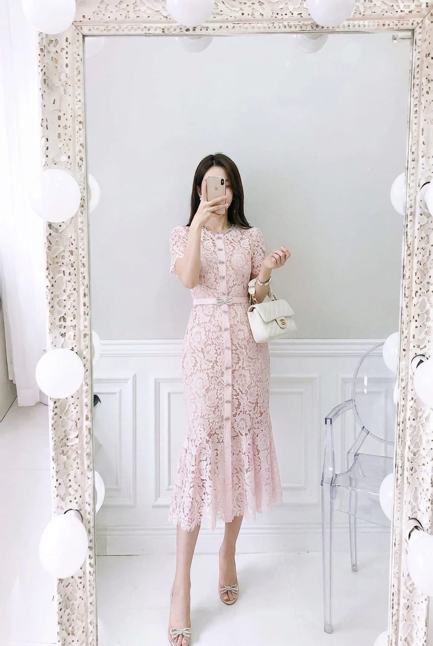 Customer photo review of Blush Pink Floral Lace Midi Dress