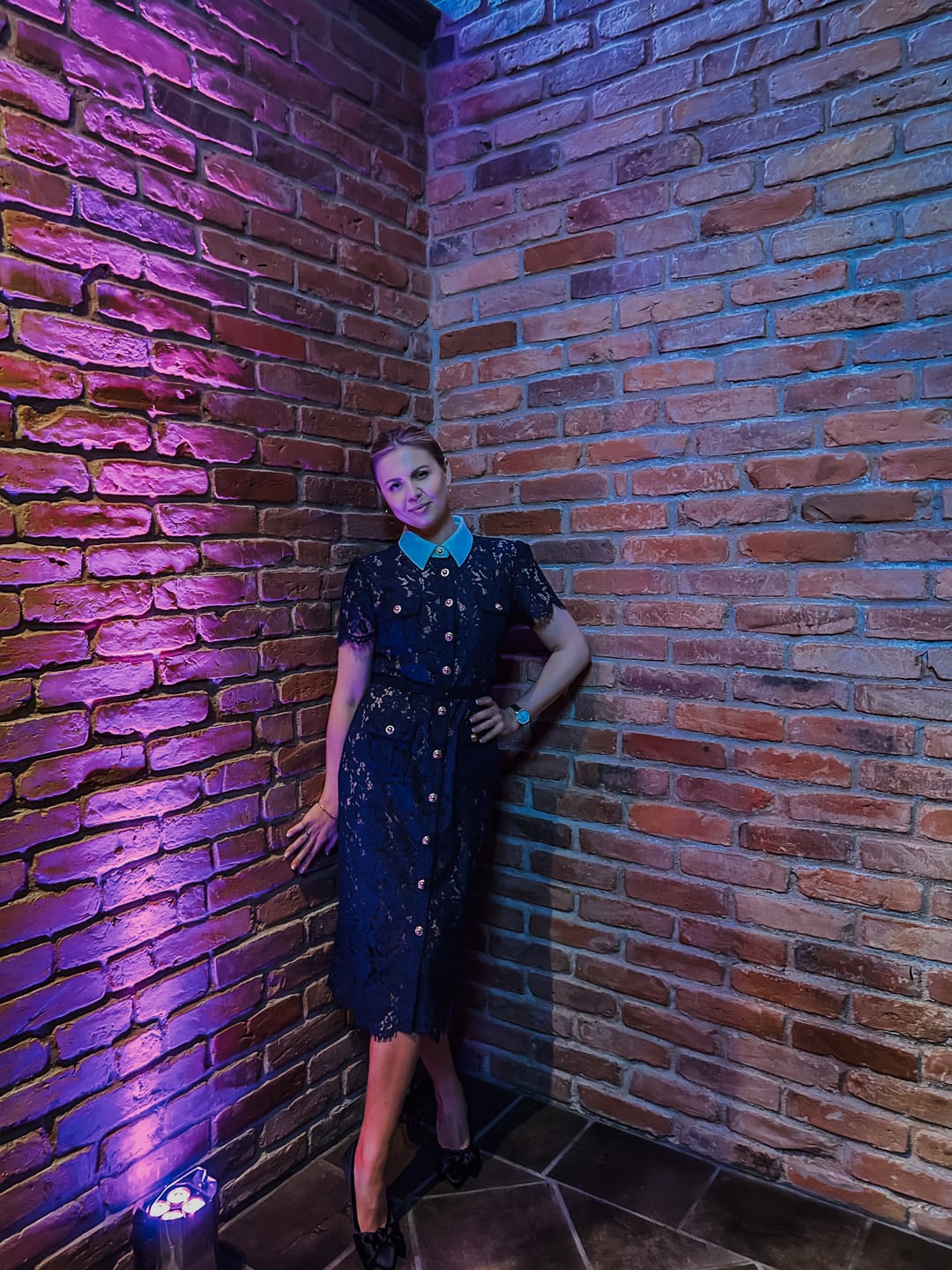 Customer photo review of Floral Lace Midi Dress with Tailored Collar and Belted Waist - Navy