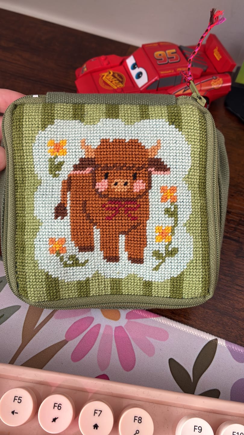Customer photo review of HIGHLAND COW - Needlepoint Pouch Kit