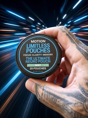 Customer's hand holding a round tin of MOTION Limitless Pouches against a blurred, light-streaked background.