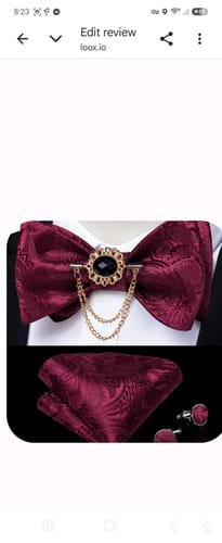 Customer photo review of Ties2you Burgundy Paisley Bow Tie Self-tie Pocket Square Cufflinks Bowtie Set with Lapel Pin