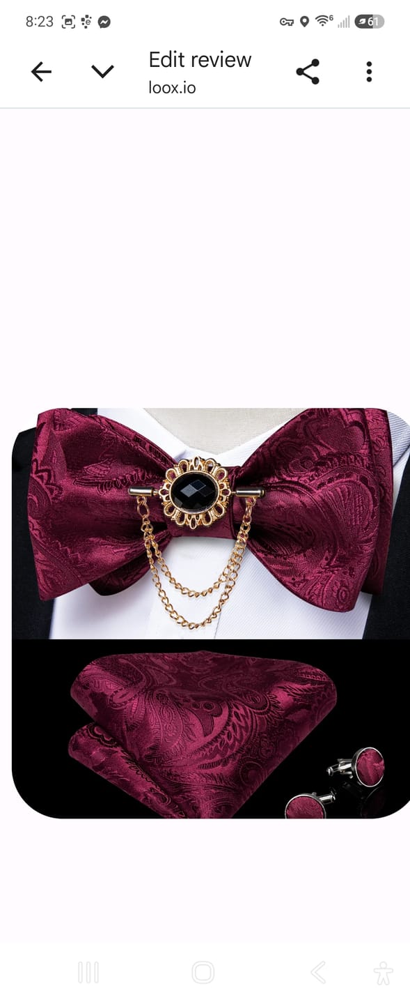 Customer photo review of Ties2you Burgundy Paisley Bow Tie Self-tie Pocket Square Cufflinks Bowtie Set with Lapel Pin