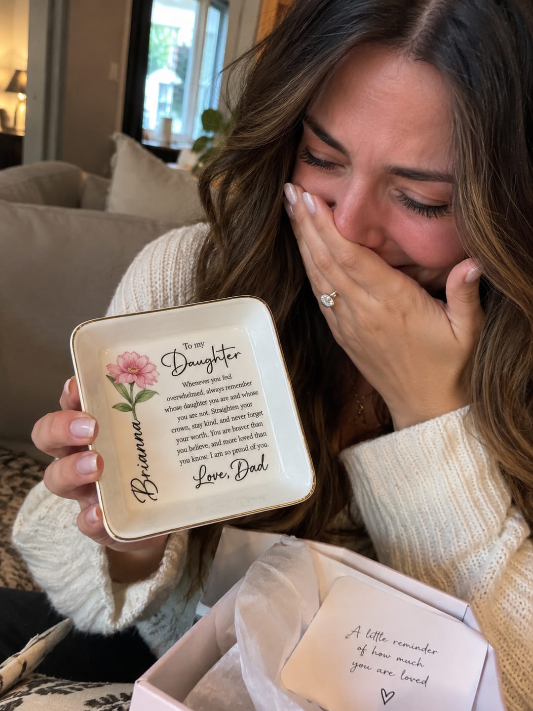 Customer photo review of To My Daughter Personalized Birth Flower Jewelry Dish – Custom Name Gift from Dad