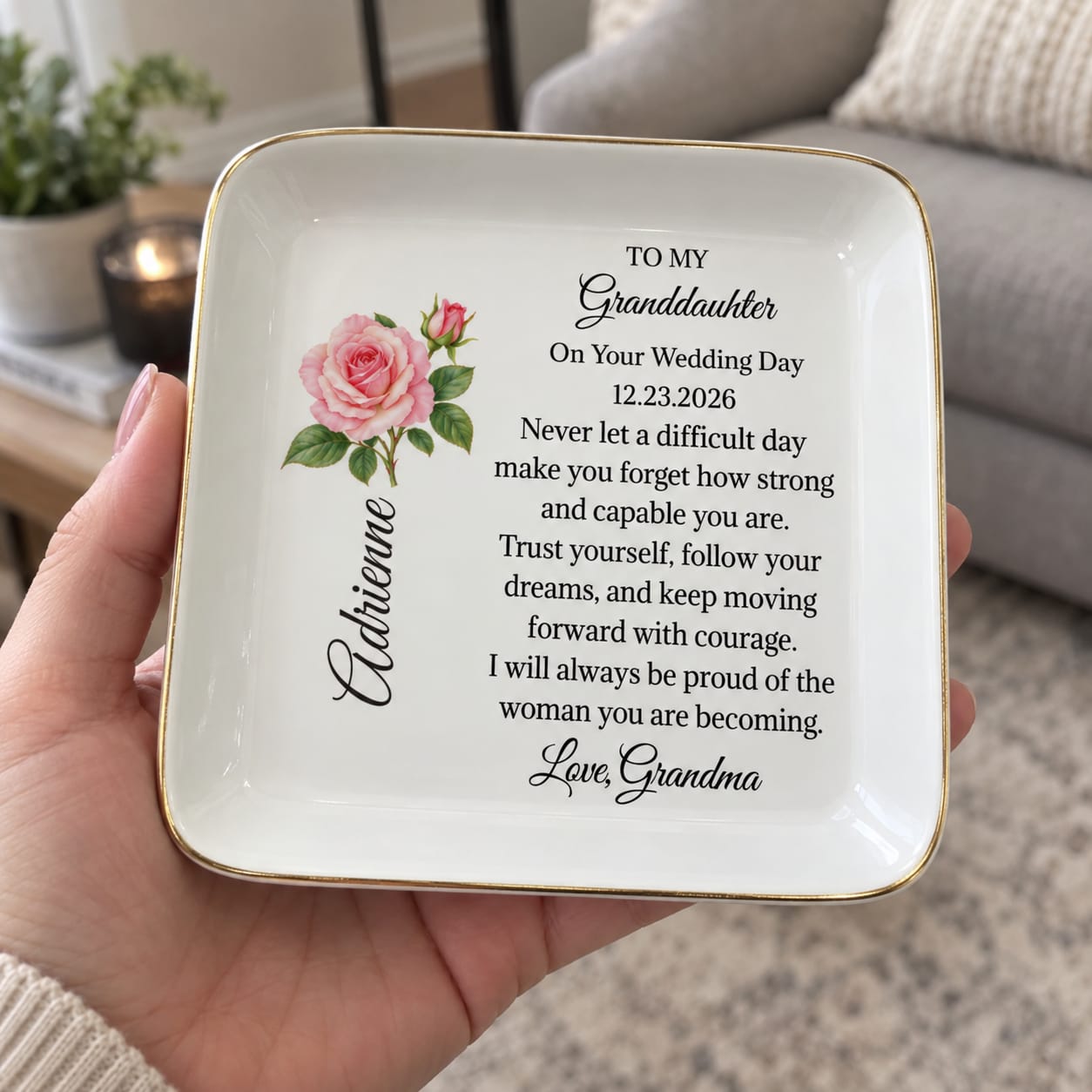 Customer photo review of Personalized Granddaughter Wedding Day Jewelry Dish