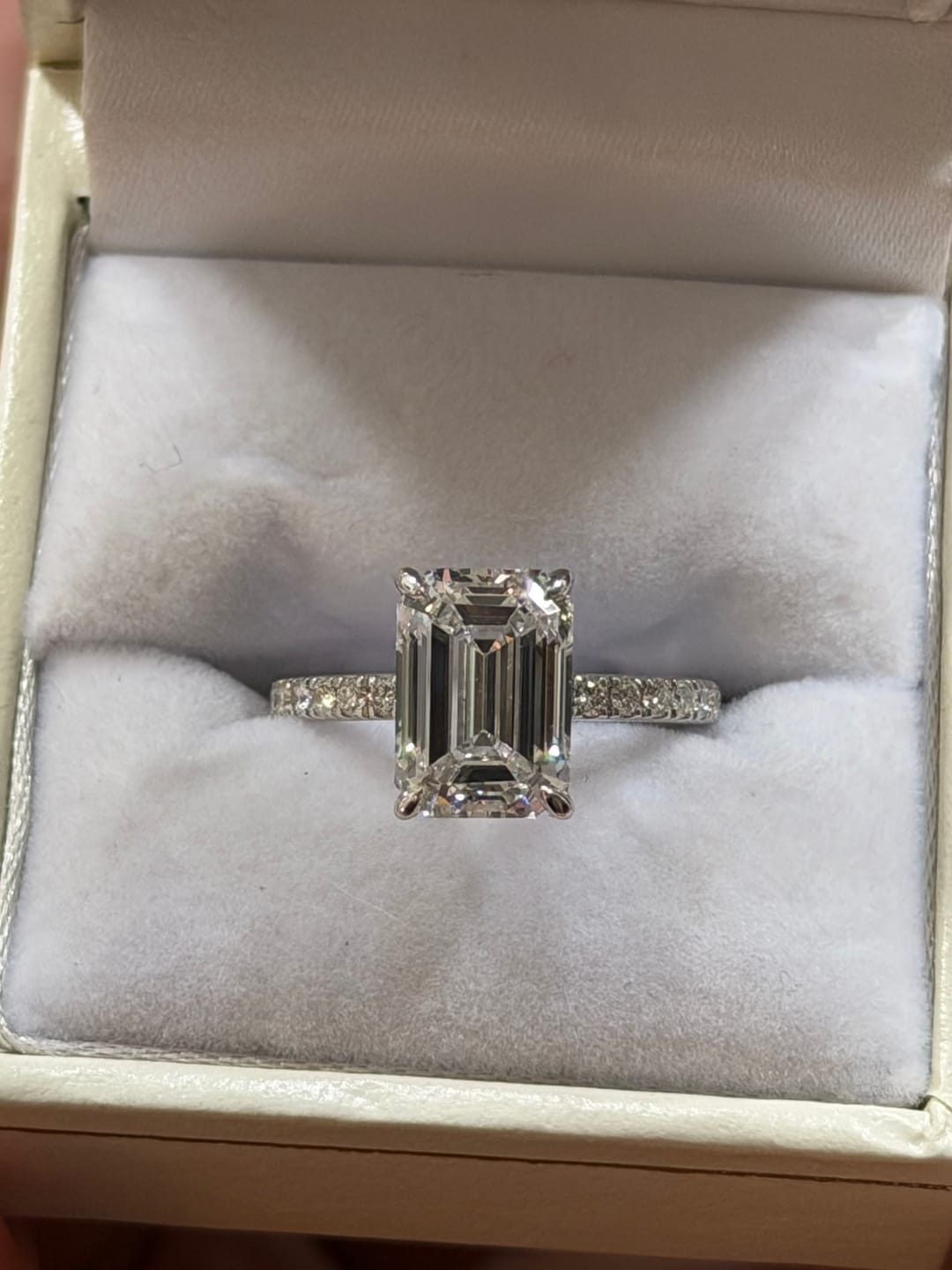 Customer photo review of Emme 4 Carat Emerald Cut Hidden Halo Pave Lab Grown Diamond Ring in 18k White Gold