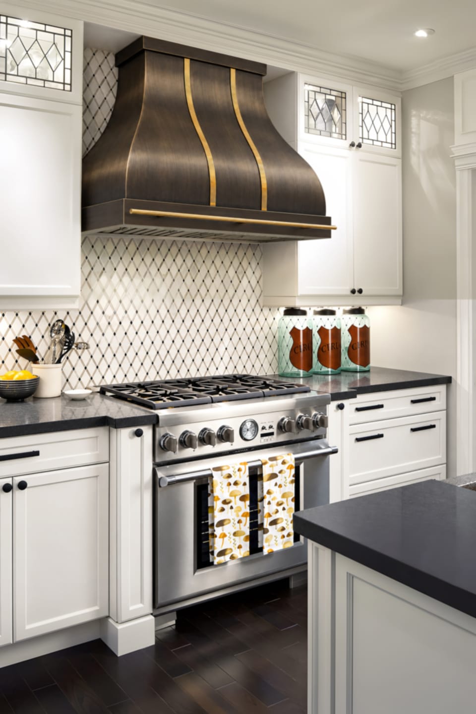 Customer photo review of CKH Antique Brass Range Hood with Polished Straps CKH-B12