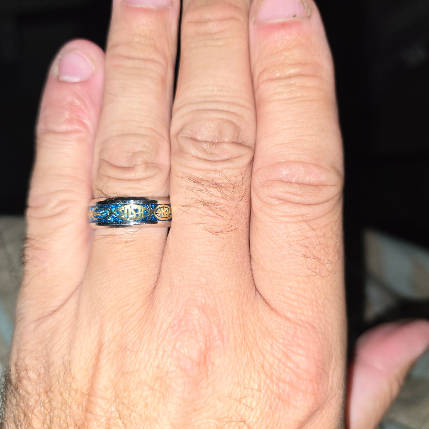 Customer photo review of FREE Today: Rustic Ichthys Jesus Fish Sparkle Ring - Faith and Devotion