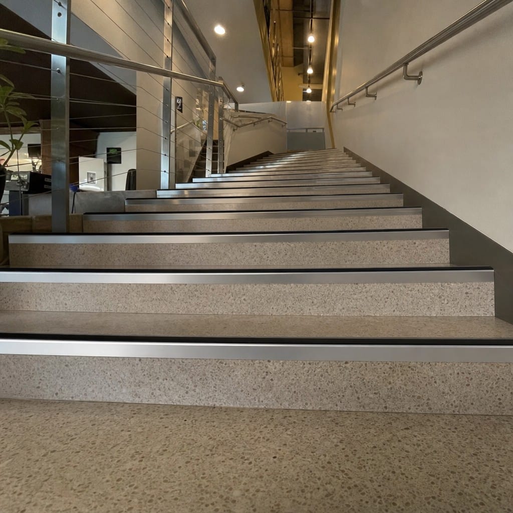 Customer photo review of Aluminium Stair Nosing 62x33mm Rake Back Anti Slip for Sloping Steps, 2.77m