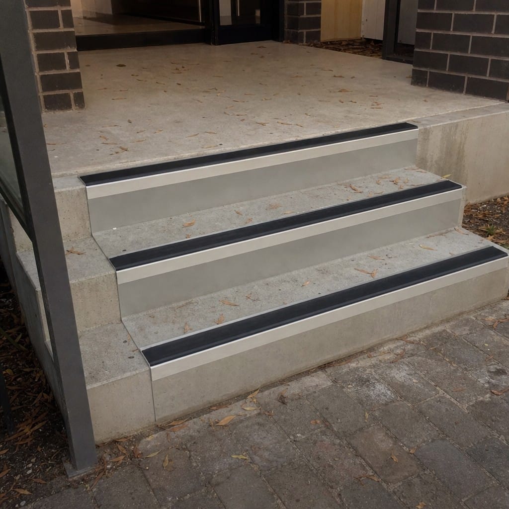 Customer photo review of Aluminium Stair Nosing 70x56mm Square Edge, DDA 56mm Riser, Anti-Slip Insert