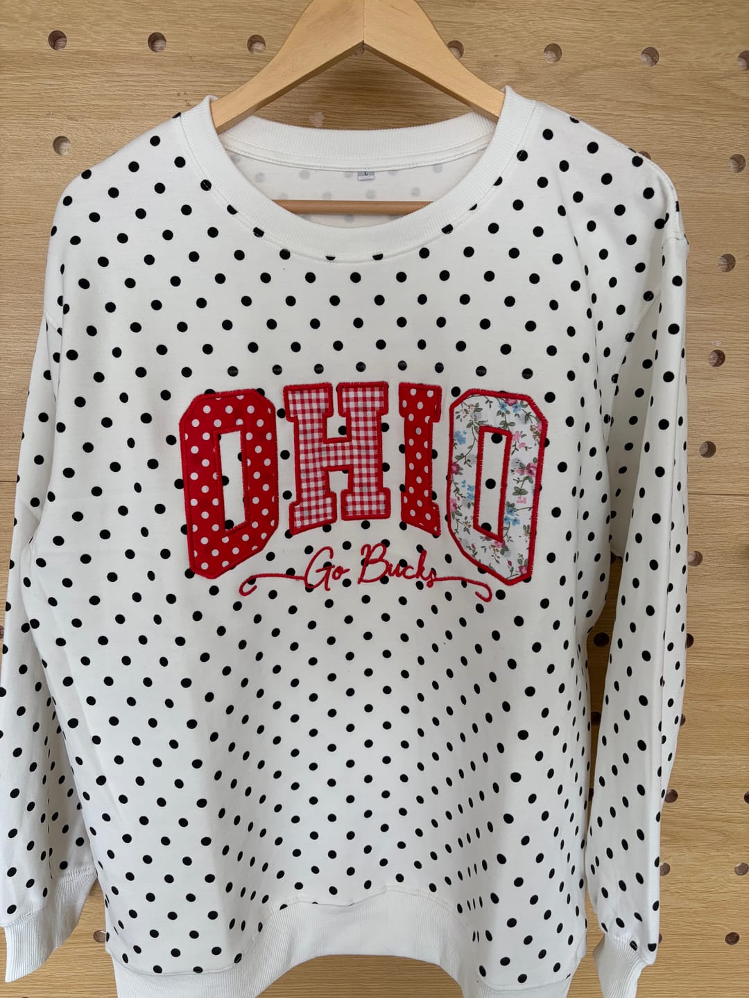 Customer photo review of Custom Patchwork Fabric Embroidered Polka Dot Sweatshirt Team and School Name Applique Varsity Letters | Game Day Wear