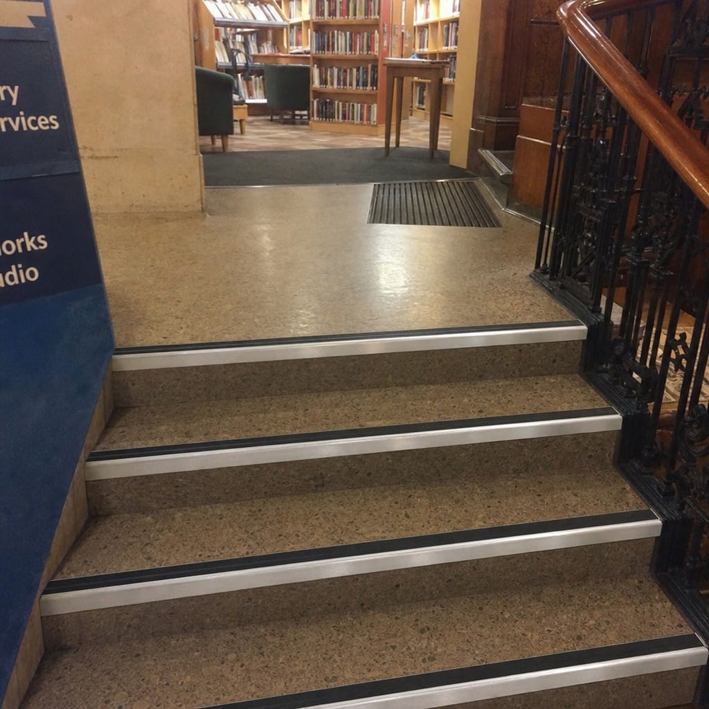 Customer photo review of Heavy Duty Rake Back Aluminium Stair Nosing 2.44m, 62 x 56mm, DDA Single Insert