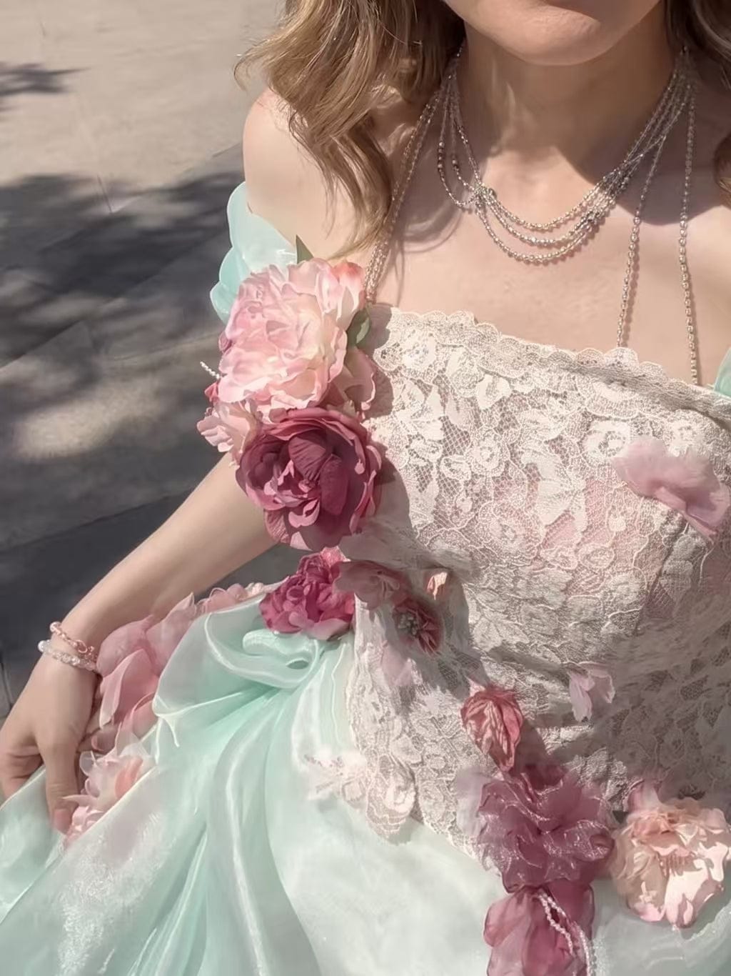 Customer photo review of Light Blue Floral Ball Gown Evening Dress with Lace Bodice and Layered Tulle Skirt Plus Size